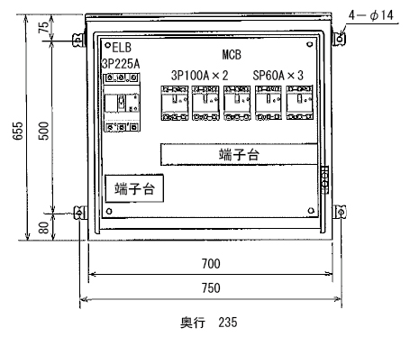 200V 5点式分電盤　屋外壁掛仮設BOX タイプ寸法