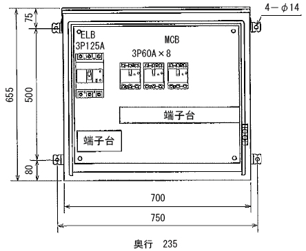 200V 5 点式分電盤　屋外壁掛仮設BOX タイプ寸法